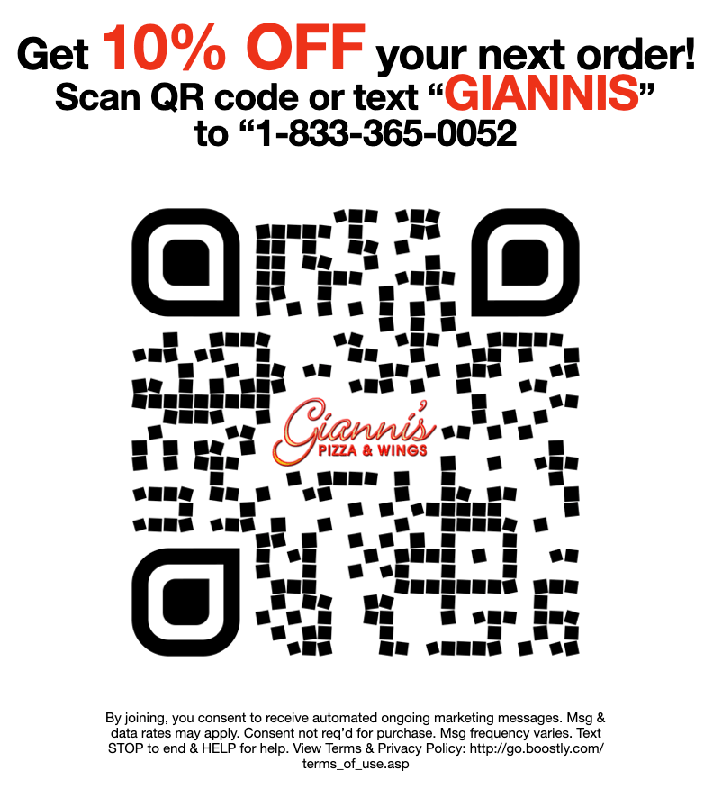 Get 10% off your next order! Scan the QR code on screen or text GIANNIS to 1-833-365-0052